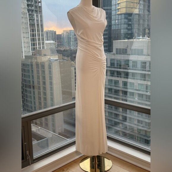 🆕 SIMKHAI 🧿 NWOT Acacia Draped Ruched Jersey Midi Dress, Ivory - Sz S - Picture 4 of 15